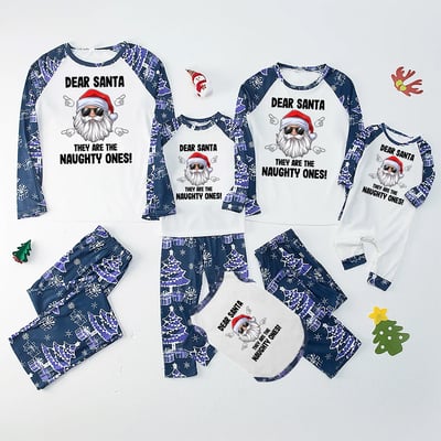 Dear Santa Naughty Ones Matching Family Christmas PJs Navy Tree Print