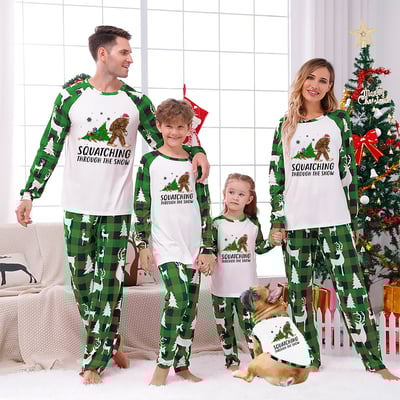 Bigfoot Holiday Matching Family PJs Squatching Through the Snow Green