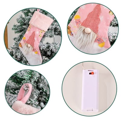 Pink Gnome Christmas Stockings with LED Lights Festive Holiday Socks for Tree Decorations