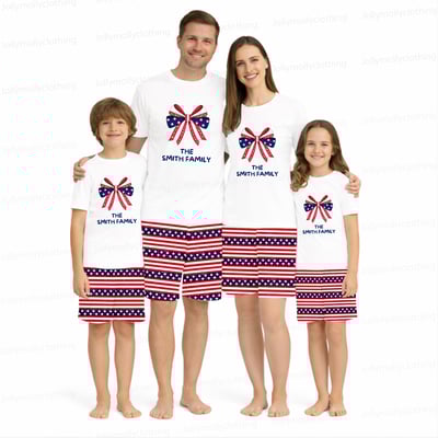 Personalized Patriotic Bow Matching Family Pajamas Custom Family Name Shorts Set