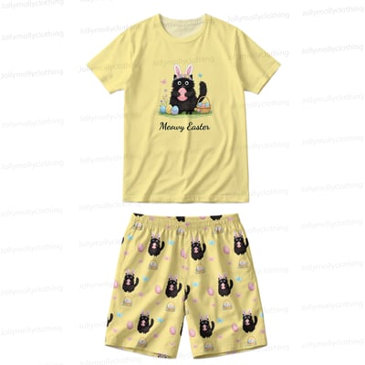 Matching Family Easter Pajamas Yellow Meowy Easter Cat Short PJ Sets