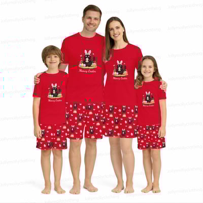 Red Meowy Easter Cute Bunny Cat Matching Family Short Pajamas Set 
