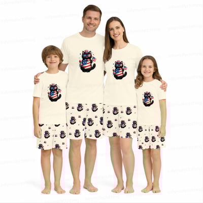 Cute Black Cat 4th of July Pajamas With Pockets
