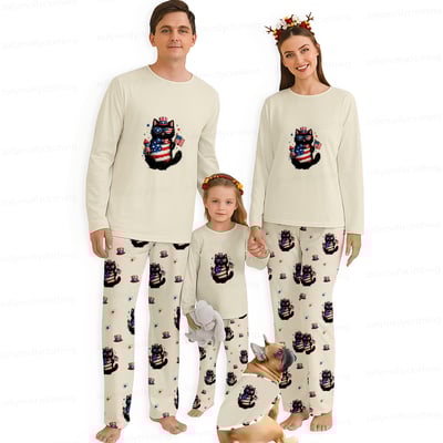 Patriotic Black Cat Family Matching Pajamas 4th of July Long Sleeve Set