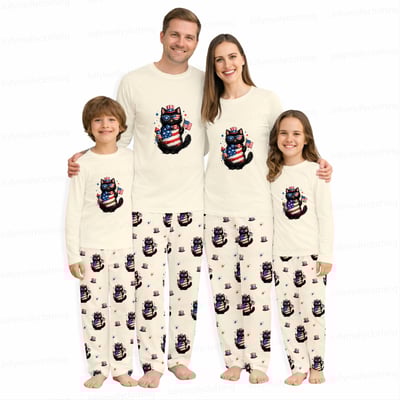Patriotic Black Cat Family Matching Pajamas 4th of July Long Sleeve Set