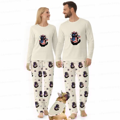 Patriotic Black Cat Family Matching Pajamas 4th of July Long Sleeve Set