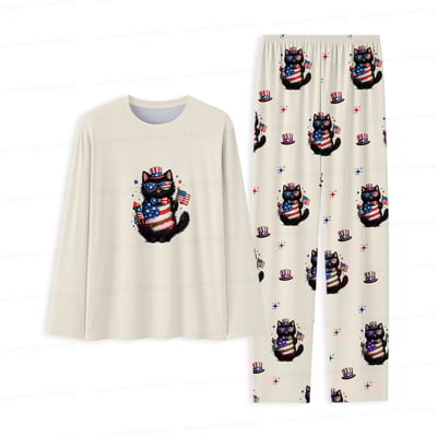 Patriotic Black Cat Family Matching Pajamas 4th of July Long Sleeve Set