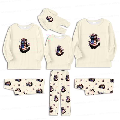Patriotic Black Cat Family Matching Pajamas 4th of July Long Sleeve Set
