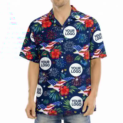 Custom 4th of July Hawaiian Shirt with Logo Patriotic Eagle Fireworks Tropical Shirt