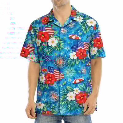 4th of July Tropical Hawaiian Shirt Patriotic Flag Fireworks Hibiscus Beach Shirt