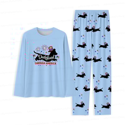 Dachshund Through America Family Matching Pajamas 4th of July Blue Long Sleeve Set