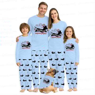 Dachshund Through America Family Matching Pajamas 4th of July Blue Long Sleeve Set