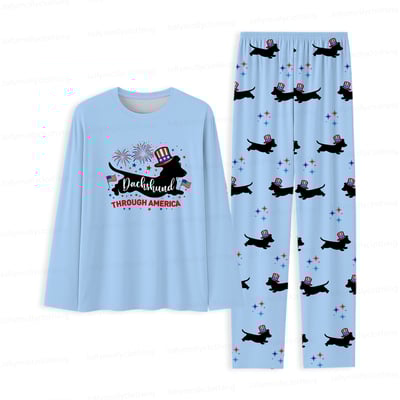 Dachshund Through America Family Matching Pajamas 4th of July Blue Long Sleeve Set