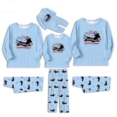 Dachshund Through America Family Matching Pajamas 4th of July Blue Long Sleeve Set