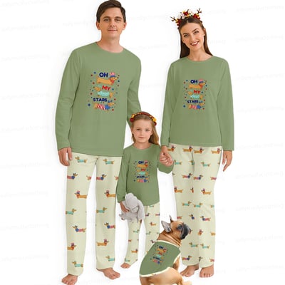 Cute Dachshund Family Matching Pajamas Oh My Stars Patriotic Green Long Sleeve Set