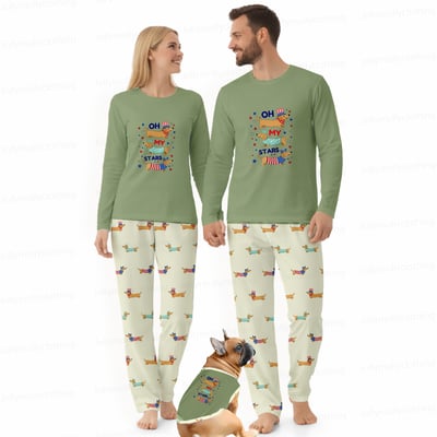 Cute Dachshund Family Matching Pajamas Oh My Stars Patriotic Green Long Sleeve Set