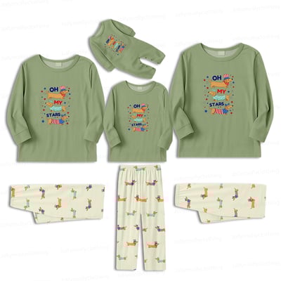 Cute Dachshund Family Matching Pajamas Oh My Stars Patriotic Green Long Sleeve Set