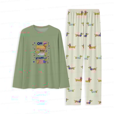 Cute Dachshund Family Matching Pajamas Oh My Stars Patriotic Green Long Sleeve Set