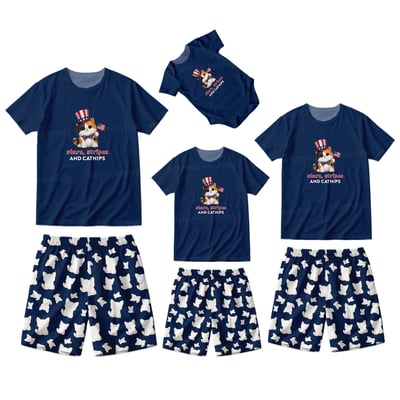 Stars Stripes and Catnips Cat Family Matching Pajamas 4th of July Short Set