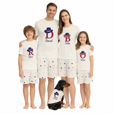 Personalized Cowboy Hat Patriotic Family Matching Short Pajama Set