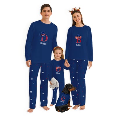 Personalized Cowboy Hat Patriotic Couple Matching Pajama Set with Pet Blue Family Sleepwear