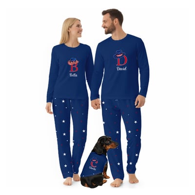 Personalized Cowboy Hat Patriotic Couple Matching Pajama Set with Pet Blue Family Sleepwear