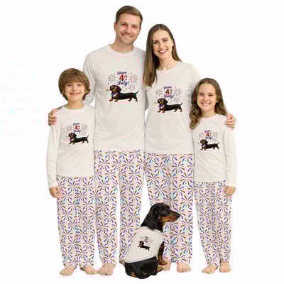 Family Matching 4th of July Pajama Set with Dachshund Fireworks Design