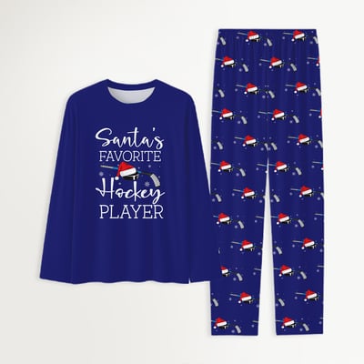 Navy Blue Santa's Favorite Hockey Player Family Matching Pajamas Set