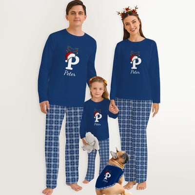 Personalized Christmas Monogram Blue Family Matching Pajamas