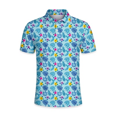 Men’s Hawaiian Polo Shirt Blue Tropical Floral Leaf Print Short Sleeve