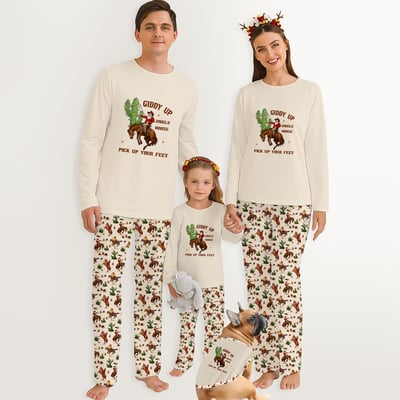 Rustic Western Christmas Pajamas Family Matching Giddy Up Jingle Horse Set