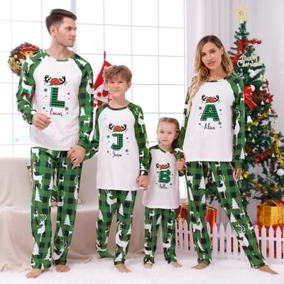 Personalized Christmas Monogram Green Reindeer Family Matching Pajamas
