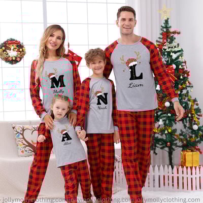 Personalized Christmas Family Matching Pajamas Custom Name Initial Letter