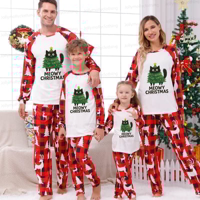 Family Christmas Pajama Set Meowy Christmas Cat Design in Red Reindeer Check