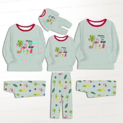 Beach Theme Mint Green Matching Family Christmas Sleepwear with Pet Shirt