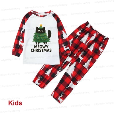 Family Christmas Pajama Set Meowy Christmas Cat Design in Red Reindeer Check