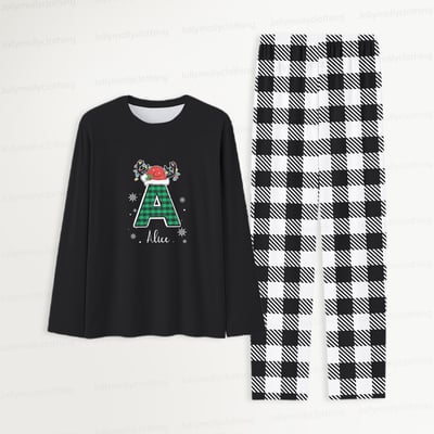 Custom Name Monogram Christmas Pajama Set for Matching Families Black and White