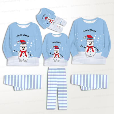 Custom Name Blue Snowman Holiday Pajamas for Family & Dog