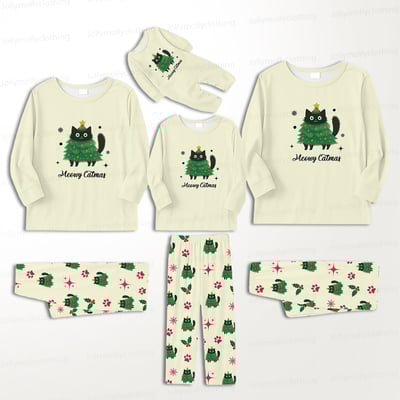Meowy Catmas Matching Family Christmas Pajamas with Festive Cat Print and Pet Outfit