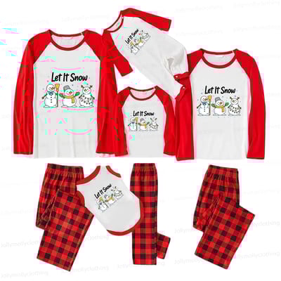 Let It Snow Snowmen Festive Family Pajamas with Classic Red Plaid Pants