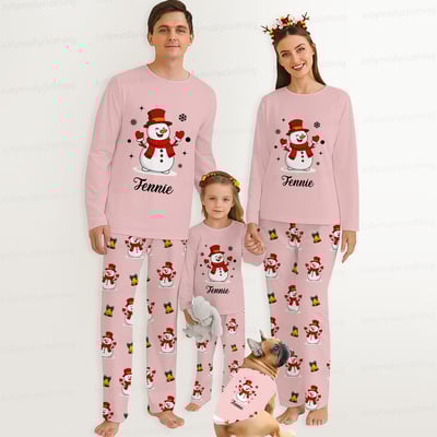Custom Name Pink Snowman Matching Holiday Pajamas for Family & Dog