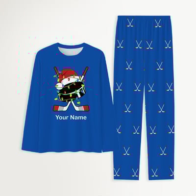Personalized Hockey Family Christmas PJs Blue with Custom Names