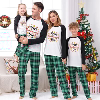 Thanksgiving Green Plaid Family Matching Pajamas Happy Thanksgiving Day Set