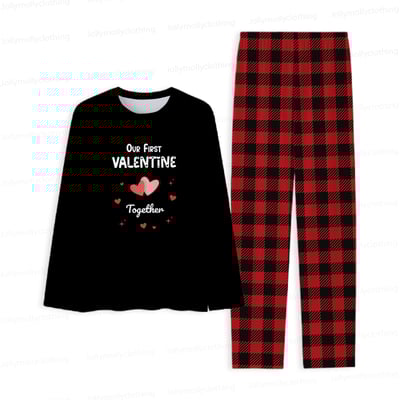 Our First Valentine Together Couples Pajamas Black Long Sleeve Plaid Set