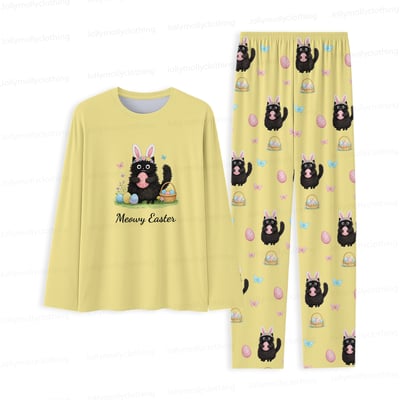 Easter Matching Family Pajamas Yellow Set Long Sleeve Cat Bunny Print Sleepwear for Mom Dad Kids