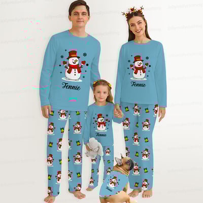 Personalized Blue Snowman Family Christmas Pajama Set with Pet Outfit
