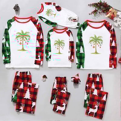 Tropical Holiday Palm Tree Family Pajamas Red and Green Plaid Sleepwear Set