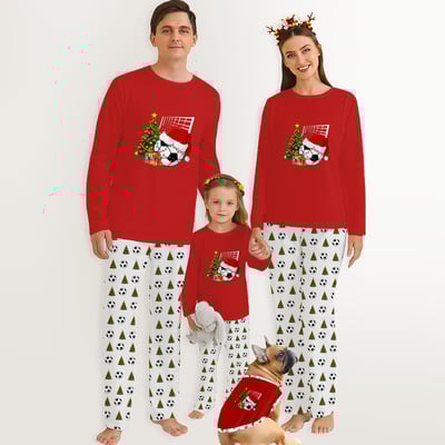 Red Soccer Santa Family Christmas Pajamas with Pet Outfit Matching Set