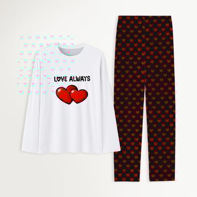 Couples Matching Pajamas Set Love Always Heart Print Long Sleeve Sleepwear