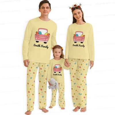 Custom Name Easter Truck Matching Family Pajamas Yellow Set